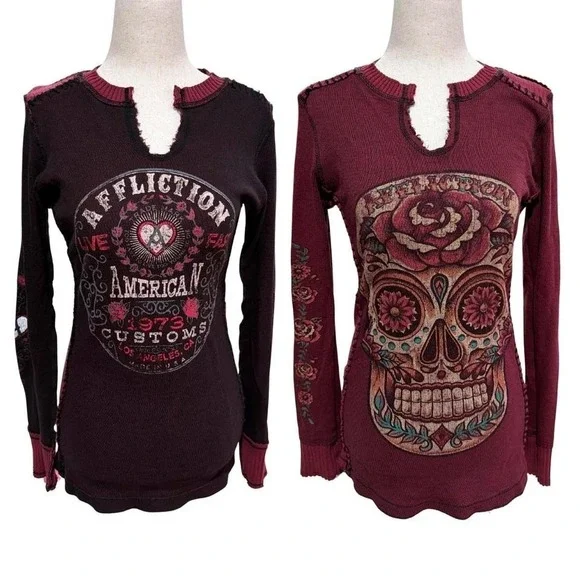 Y2K 2000s Grunge Affliction Long Sleeve Black Burgundy Rose Sugar Skull Tattoo - Picture 1 of 3